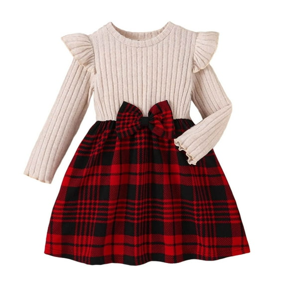 AWZXDE Girls Fall Winter Plaid Puff Sleeve Dress A-Line Dress with Bow Detail Holiday Party Outfit Long Sleeve Round Neck Christmas Mini Dresses for Kids Beige,7-8 Years