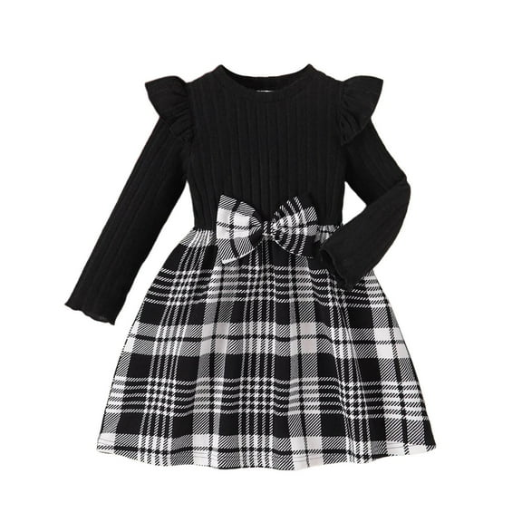 AWZXDE Girls Fall Winter Plaid Puff Sleeve Dress A-Line Dress with Bow Detail Holiday Party Outfit Long Sleeve Round Neck Christmas Mini Dresses for Kids Black,7-8 Years
