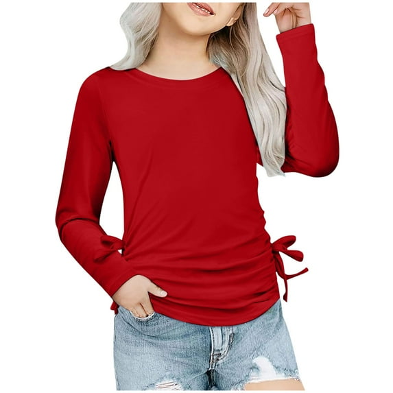 AWZXDE Girls'Fall Winter Solid Color Fitted Long Sleeve Top with Bowknot Detail - Kids' Slim-Fit Long-Sleeve Blouses,Comfortable Daily Wear for School & Parties Red,3-4 Years