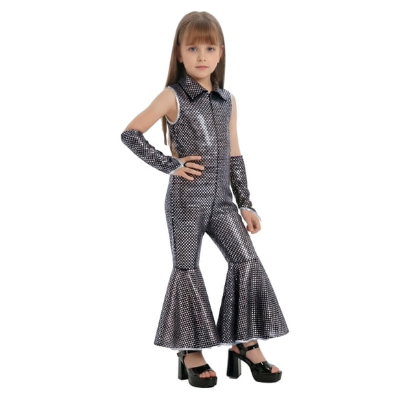 AWZXDE Girls Fashion Rompers Dot Print Sleeveless Collared Leg Piece Romper With Arms Kids Stage Show Performance Wear Silver - 3-4 Years