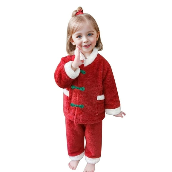 AWZXDE Girls Flannel Lapel Pajama Set with Button Design Long Sleeve Sleepwear for Fall and Winter Home Comfort Red,18-24 Months