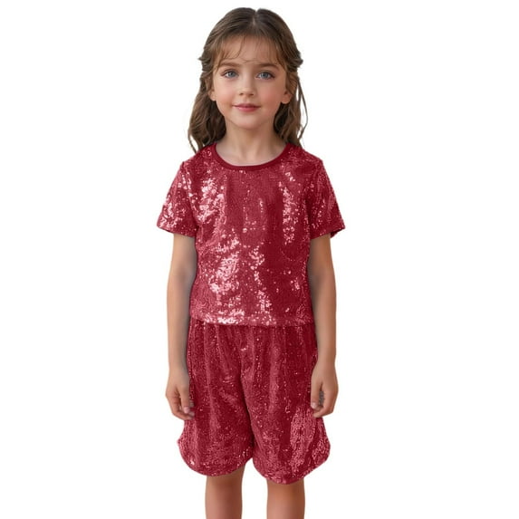 AWZXDE Girls Glam Party Sequin Short Sleeve Top For Dance Performance And Casual Events Sequin Top Sleek Fit Round Neck Red,10-14 Years