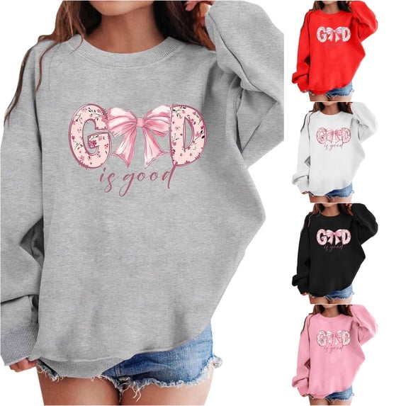 AWZXDE Girls Graphic Prints Sweatshirt Crewneck Long Sleeve Cute Drop Shoulder Pullover Tops Grey,3-4 Years