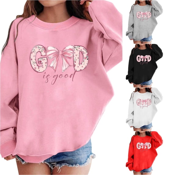 AWZXDE Girls Graphic Prints Sweatshirt Crewneck Long Sleeve Cute Drop Shoulder Pullover Tops Pink,5-6 Years