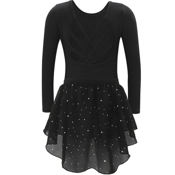 AWZXDE Girls Gymnastics Performance Outfit Long Sleeve Leotard with Back and Sequin Skirt Two Piece Set for Dance Practice Black,5-6 Years