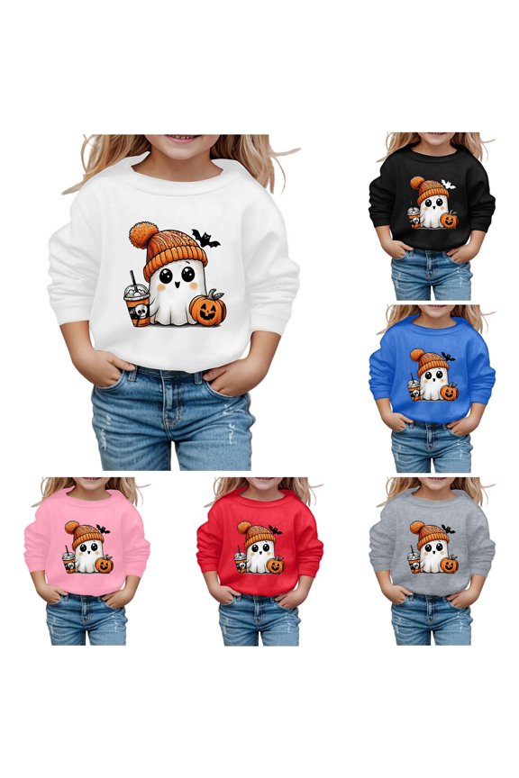Girls Halloween Cute Pumpkin Cat Print Long Sleeve Crewneck Sweatshirt Pullover Top White,2-3 Years