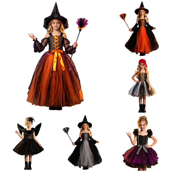 AWZXDE Girls Halloween Tutu Dress Wing Mesh Tutu Outfit For Cosplay Theme Party Trick Or Festival Activities Orange-F - 4-5 Years