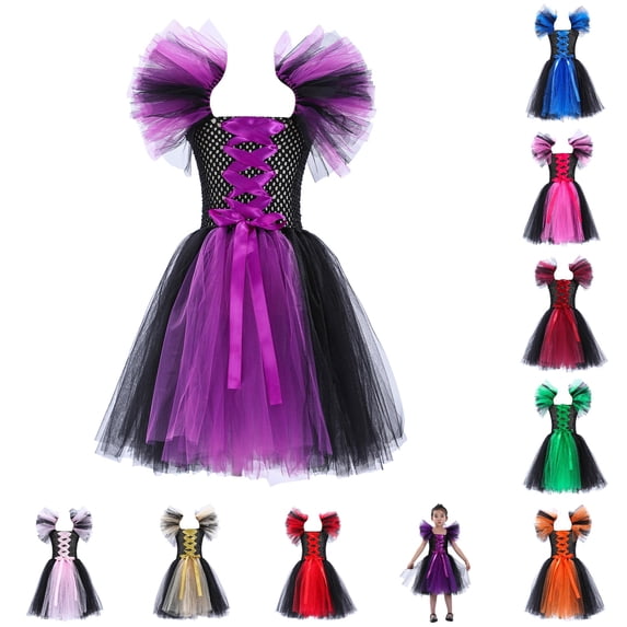 AWZXDE Girls Halloween Witch Dress Layered Tutu Dress With Ruffled Shoulder Details For Halloween Party Trick Or And Stage Performance E - 7-9 Years