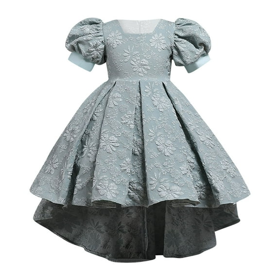AWZXDE Girls High Design Jacquard Print Dress with Elegant Train and Puff Sleeve Formal Big Dress for Hosting Events Green,3-4 Years