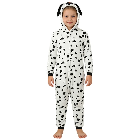 AWZXDE Girls Hooded Rompers Dog Print Hooded Romper With 3D Puppy Ears Full Front Button Design For Halloween Cosplay & Home Loungewear White - 5-6 Years