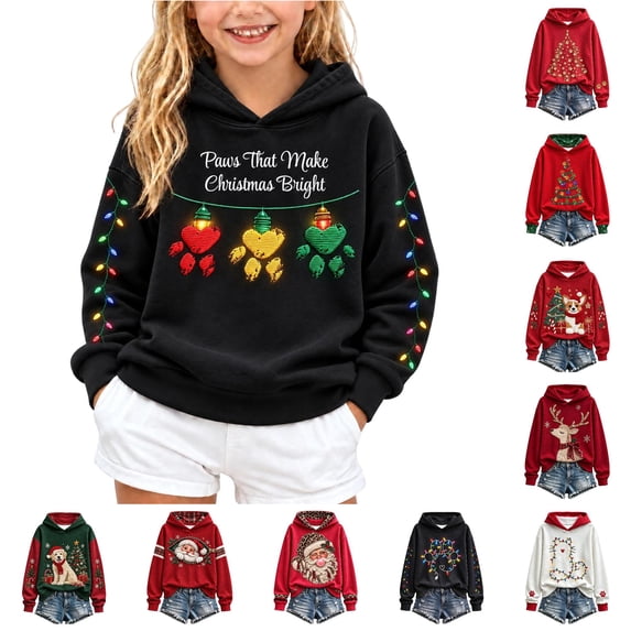 AWZXDE Girls Hooded Sweatshirt Cute Christmas Puppy Graphic Long Sleeve Hooded Top For Holiday Family Party And Christmas Photo