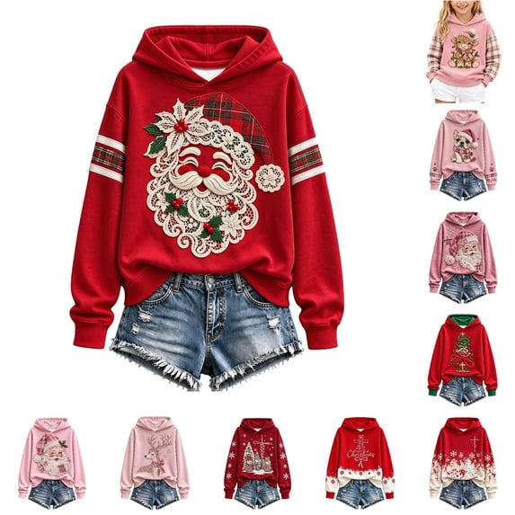 AWZXDE Girls Hooded Sweatshirt Sparkly Reindeer Bow Graphic Long Sleeve Hooded Top For Christmas Family Party And Holiday Daily Wear
