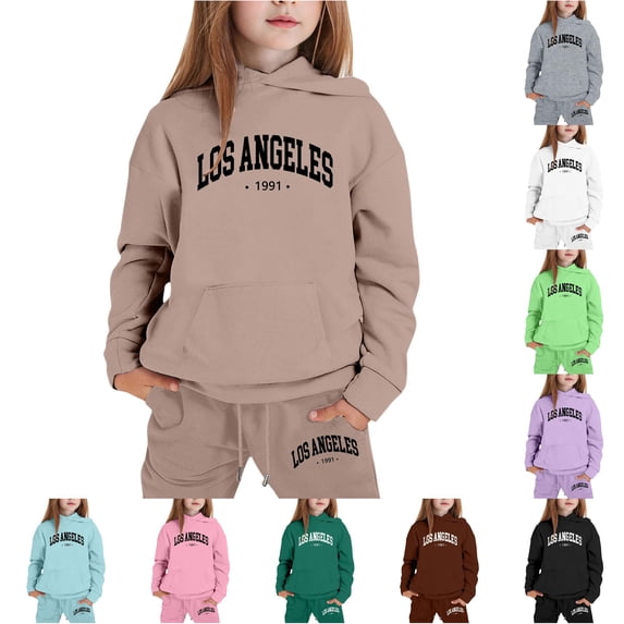 AWZXDE Girls Hoodies Letter Print Sweatshirt Outfits Set Stylish Comfortable Everyday Wear Casual Campus Outdoor Winter Two Piece Khaki,7-8 Years