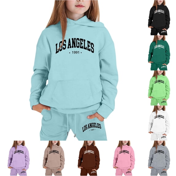 AWZXDE Girls Hoodies Letter Print Sweatshirt Outfits Set Stylish Comfortable Everyday Wear Casual Campus Outdoor Winter Two Piece Sky Blue,4-5 Years