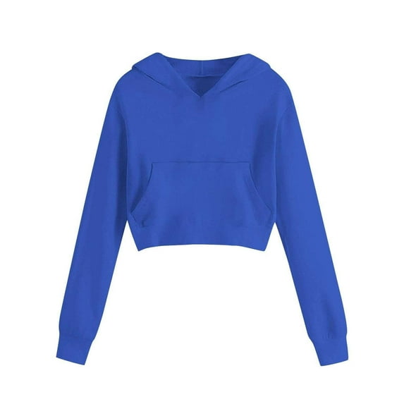 AWZXDE Girls Hoodies Solid Color Pullover Hooded Long Sleeve Drawstring Pocket Cropped Sweatshirt for Casual Sporty Wear Kids Fashion Apparel Comfort Fit Blue,10-11 Years