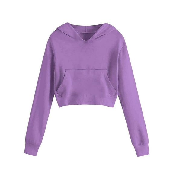 AWZXDE Girls Hoodies Solid Color Pullover Hooded Long Sleeve Drawstring Pocket Cropped Sweatshirt for Casual Sporty Wear Kids Fashion Apparel Comfort Fit Purple,11-12 Years