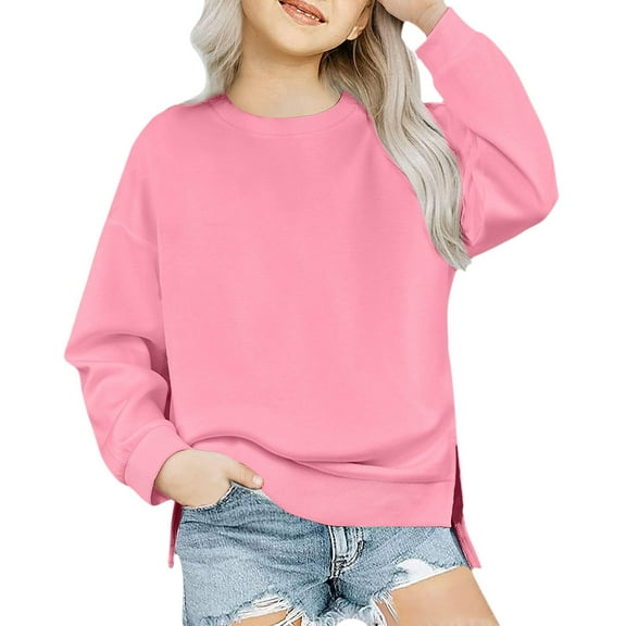 AWZXDE Girls Hoodies Solid Color Casual Simple Round Neck Long Sleeve Fashion Versatile Loose Daily Comfort Pullover Sweatshirt Pink,11 Years