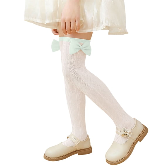 AWZXDE Girls Knee High Ribbed Knit Bow Detail Grip Comfortable Everyday Thigh Socks For School Play White,One Size