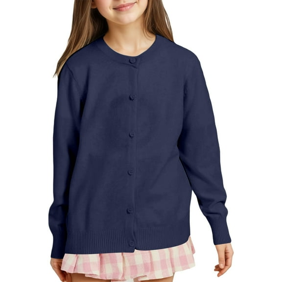 AWZXDE Girls Knit Cardigan Sweater Coat Soft Lightweight Outerwear Casual Girls Coat Round Neck Open Front Navy,8-9 Years