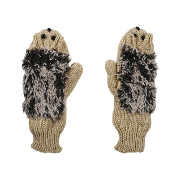 AWZXDE Girls Knitted Gloves Cartoon Hedgehog Pattern Cute Warm Gloves For Autumn Winter Fashion Beige