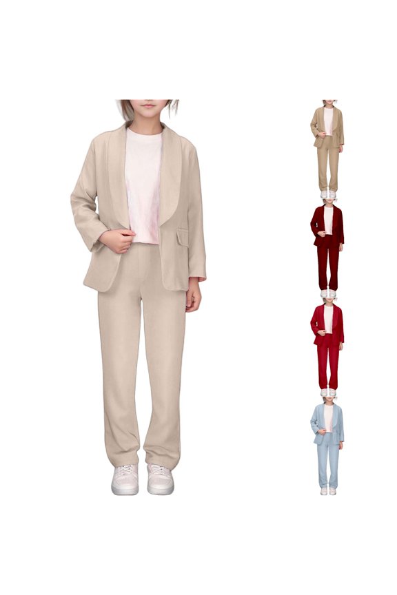 Girls Leisure Summer Jacket Solid Lapel Suit Open Front Long Sleeve Casual Outfit Set Beige,13-14 Years
