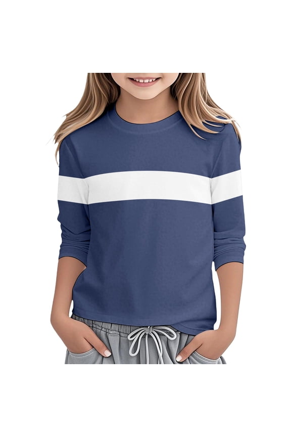 Girls Long Sleeve Color Block Round Neck Tee Soft Comfortable Casual For Toddler And Kids Stylish Everyday Wear girls long sleeve shirts Navy,7-8 Years