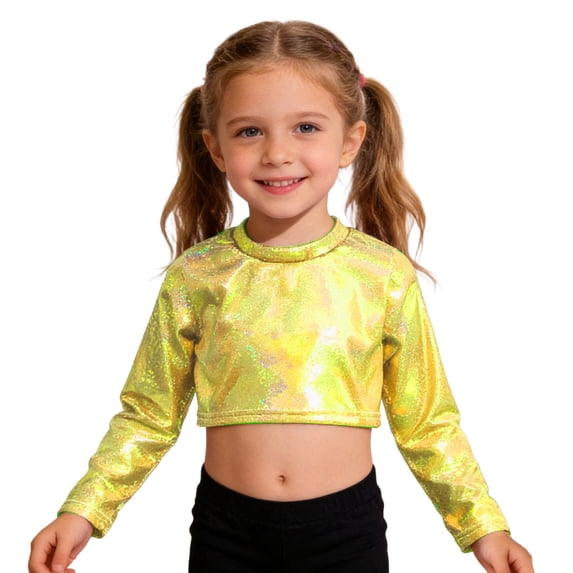 AWZXDE Girls Long Sleeve Cropped Top With Shiny Glitter Sleeves For Youth Fashion And Tops For Apparel Gold,5-6 Years