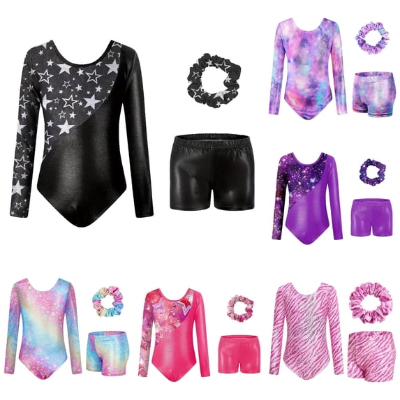 AWZXDE Girls Long Sleeve Gymnastics Leotard With Digital Print Ballet Dance Unitard For Training Performance Comfortable Stretch Outfits Set Black,9-10 Years