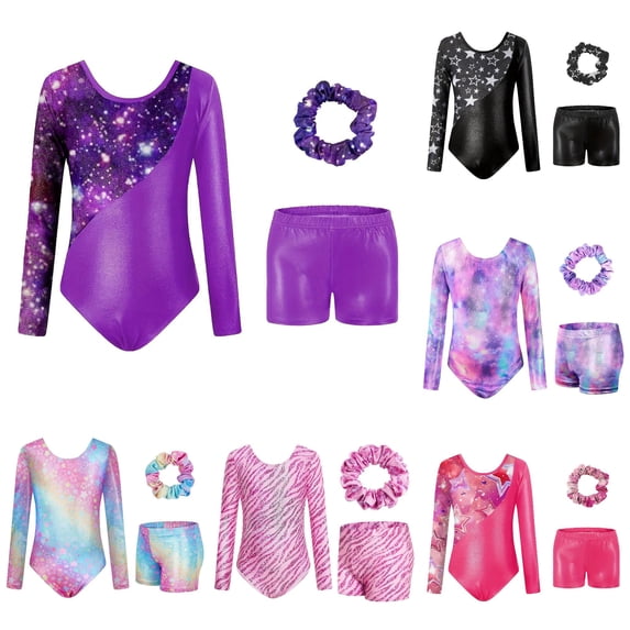 AWZXDE Girls Long Sleeve Gymnastics Leotard With Digital Print Ballet Dance Unitard For Training Performance Comfortable Stretch Outfits Set Dark Purple,8-9 Years