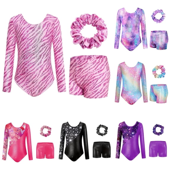 AWZXDE Girls Long Sleeve Gymnastics Leotard With Digital Print Ballet Dance Unitard For Training Performance Comfortable Stretch Outfits Set Light Pink,5-6 Years