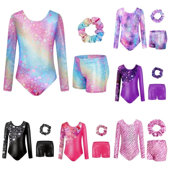 AWZXDE Girls Long Sleeve Gymnastics Leotard With Digital Print Ballet Dance Unitard For Training Performance Comfortable Stretch Outfits Set Pink,11-12 Years