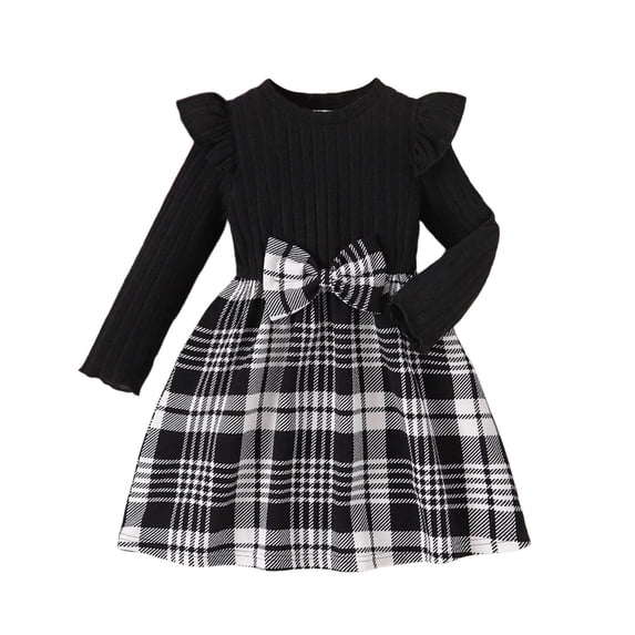 AWZXDE Girls Long Sleeve Plaid Print Bow Tie Party Dress for Holiday Festive Occasions and Special Events