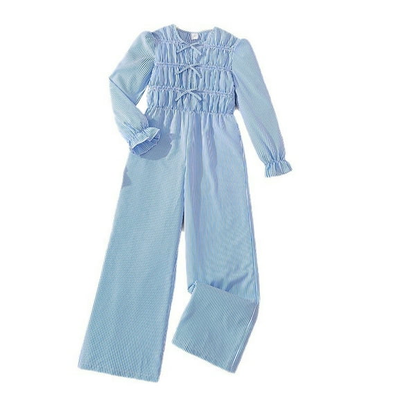 AWZXDE Girls Long Sleeve Romper Jumpsuit With Striped Design Wide Leg Pants Autumn Fashion Girls Fashion Blue，8-9 Years
