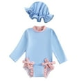 thumbnail image 1 of AWZXDE Girls Long Sleeve Swimsuit Romper Rash Guard Sun Beach Bathing Suit with Matching Hat Blue, 1 of 3