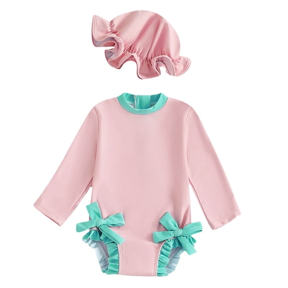 AWZXDE Girls Long Sleeve Swimsuit Romper Rash Guard Sun Beach Bathing Suit with Matching Hat Pink