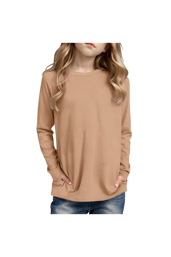 Girls Long Sleeve Top With Side Pocket Soft Breathable Fabric Casual Comfortable Girls Long Sleeve Shirts For Play And School Khaki,13-14 Years