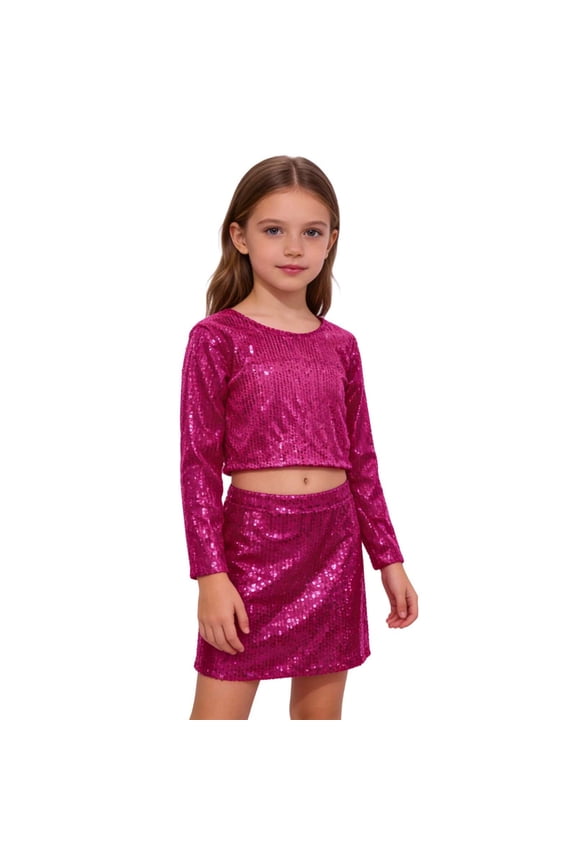 Girls Long Sleeve Tops Cheerleading Dance Performance Stretchy Round Neck Athletic Glitter Tee Hot Pink 3-10 Years