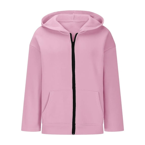AWZXDE Girls'Hooded Sweatshirt with Pockets and Zipper, Solid Color Casual Warm Versatile Lined Pullover Hoodie Pink,9-10 Years