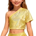 thumbnail image 1 of AWZXDE Girls Off Shoulder Cropped Tee Micro Print Casual Top For Dance And Party Wear Playful Cute Tops For Fashion Style Goldï¼130, 1 of 4