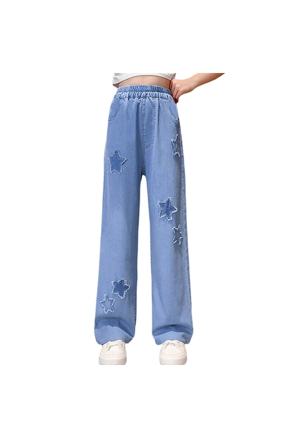 Girls Pants for Outer Wear, Big Kids Fashion Star Decorated Wide Leg Pants with Elastic Waist, Loose Denim Jeans Sky Blue,11-12 Years