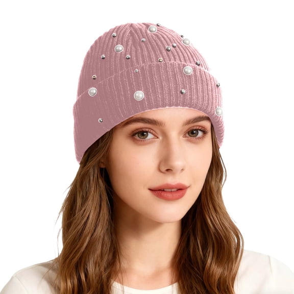 AWZXDE Girls Pearl Glitter Knitted Beanie Hats For Women Double Layer Outdoor Warm Personality Street Wool Cap Pink