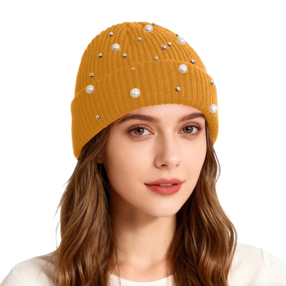 AWZXDE Girls Pearl Glitter Knitted Beanie Hats For Women Double Layer Outdoor Warm Personality Street Wool Cap Yellow