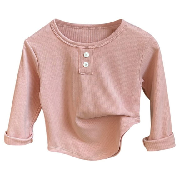 AWZXDE Girls'Pure Color Crew Neck Long Sleeve Thermal Base Layer Top,Cozy Autumn for Kids Pink,12-18 Months