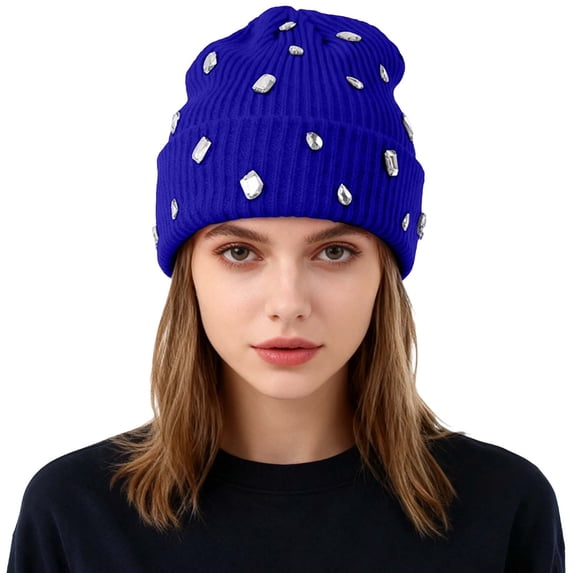 AWZXDE Girls Rhinestone Glitter Knitted Beanie Hats For Women Double Layer Outdoor Warm Personality Street Style Cap Blue