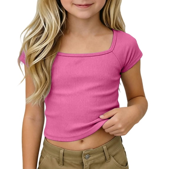 AWZXDE Girls Ribbed Knit Crop Top Short Sleeve Tee Square Neck Raglan Basic Casual Shirt For Kids Toddler Youth Hot Pink,4-5 Years