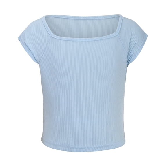 AWZXDE Girls Ribbed Knit Crop Top Short Sleeve Tee Square Neck Raglan Basic Casual Shirt For Kids Toddler Youth Light Blue,4-5 Years
