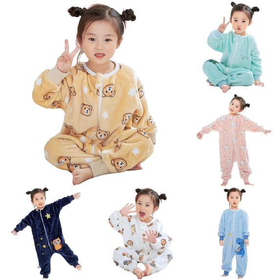 AWZXDE Girls Rompers Cartoon Print Zip Up Footless Sleep Sack With Ribbeds For Nighttime Rest Casual Loungewear Yellow - 4-5 Years