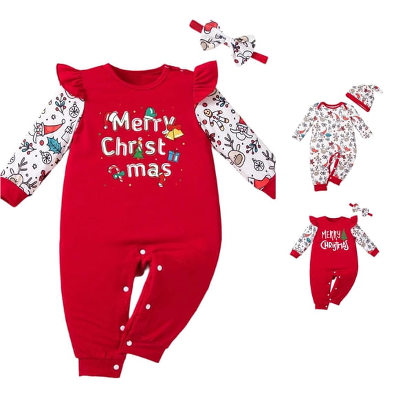 AWZXDE Girls Seasonal Rompers Christmas Full Print Long Sleeve Romper with Matching Hat Santa Reindeer Holiday 2‑Piece Outfit Red-b - 3-6 Months