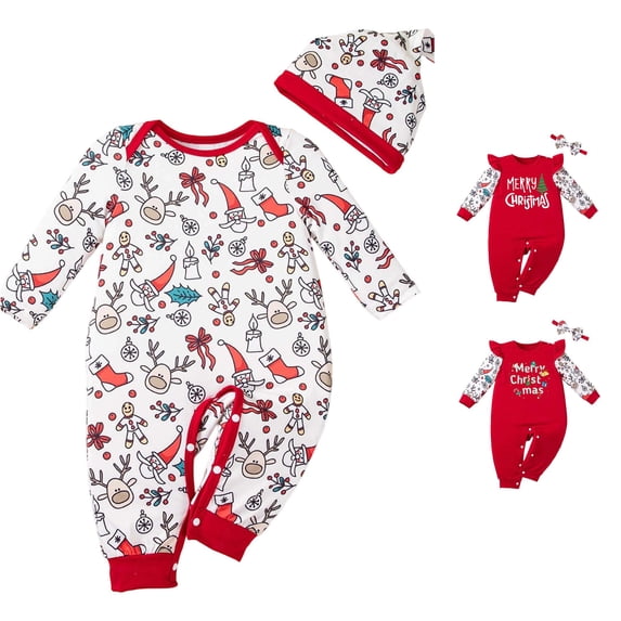 AWZXDE Girls Seasonal Rompers Christmas Full Print Long Sleeve Romper with Matching Hat Santa Reindeer Holiday 2‑Piece Outfit White-a - 12-18 Months