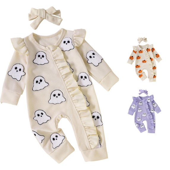 AWZXDE Girls Seasonal Rompers Knit Pumpkin Towel Embroidery Long Sleeve Footed Jumpsuit Ruffle Matching Bow Headband Fall Halloween Layering Outfit Set Blue - 3-6 Months